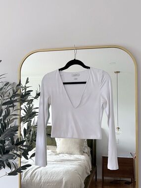 Aritzia White Deep V Long-Sleeve Cropped Top